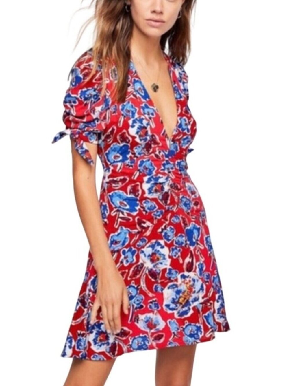 Free People Red Blue Painterly Floral Feminine Short Sleeve Mini Dress